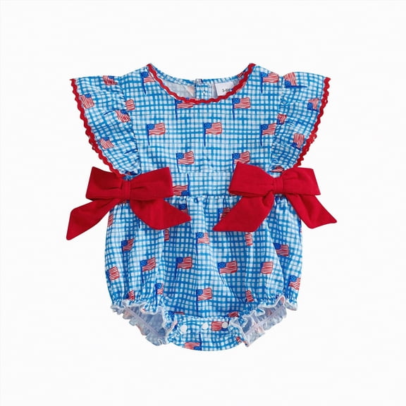 CAICJ98 My First 4th of July Baby Girl Outfit Smocked American Flag Bubble Ruffle Sleeve Romper My First Fourth Of July Infant Summer Clothes Girl (Blue,6-12 Months)