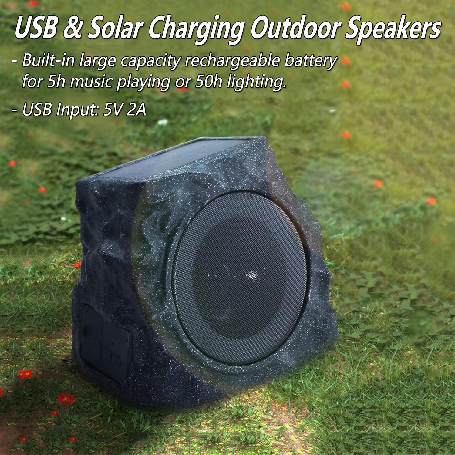 Postlucky 2-Pack Outdoor Solar Rock Speakers, Bluetooth, TWS Pairing, RGB LED Flashing, USB Charging, Waterproof, 8.1" Black