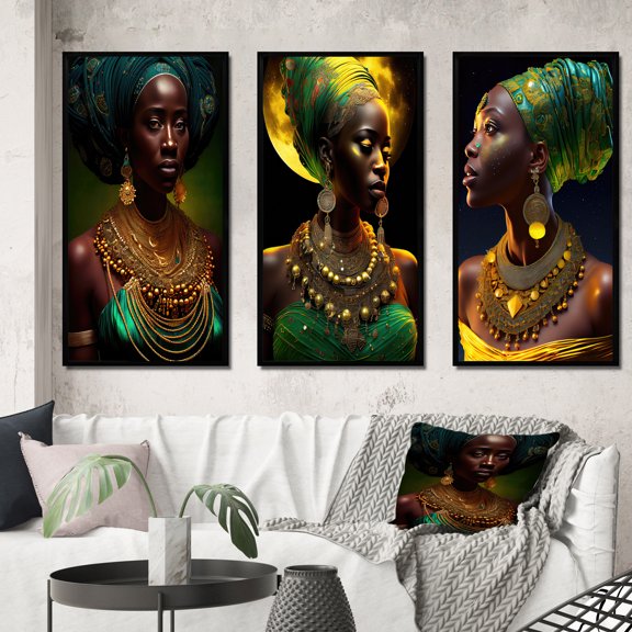 Designart "African Queen in Emerald Moonlight II" Contemporary Glam Framed Wall Art Set Of 3 - Green Woman African American Frame Canvas Set For Living Room Decor