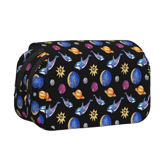 Rateoe Whales In Space Pattern Double Clamshell Pen Case, Storage Organizer with Two Zipper Compartments– Holds Up to 50 Pencils & Pens