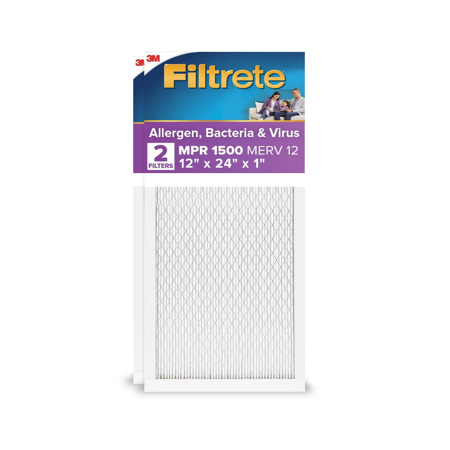 (3 pack) Filtrete 12x24x1 HVAC Furnace Air Filter, MPR 1500 MERV 12, Allergen, Bacteria and Virus, 2 Filters