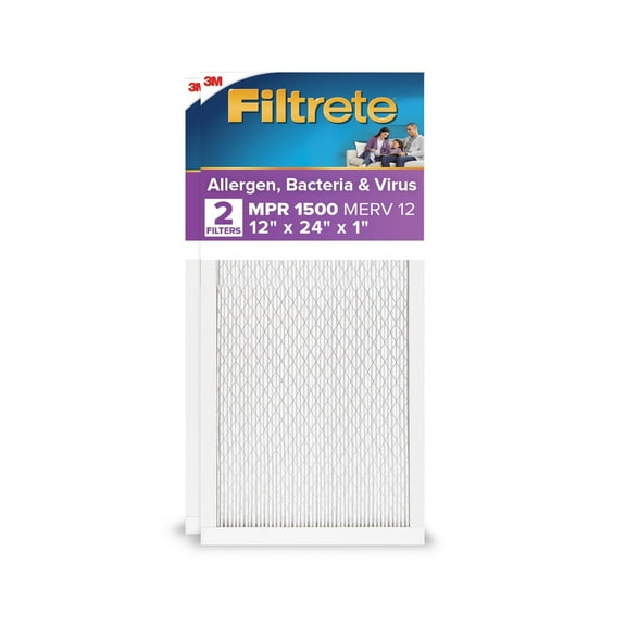 Filtrete 12x24x1 HVAC Furnace Air Filter, MPR 1500 MERV 12, Allergen, Bacteria and Virus, 2 Filters