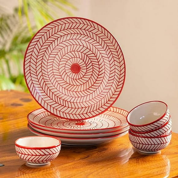 Red Chevrons' Handpainted Ceramic Dinner Set (8 Pieces, Serving for 4, Dishwasher & Microwave Safe) - Dinner Plate/Ceramic Plates with Bowls/Katoris/Dinner Bowls