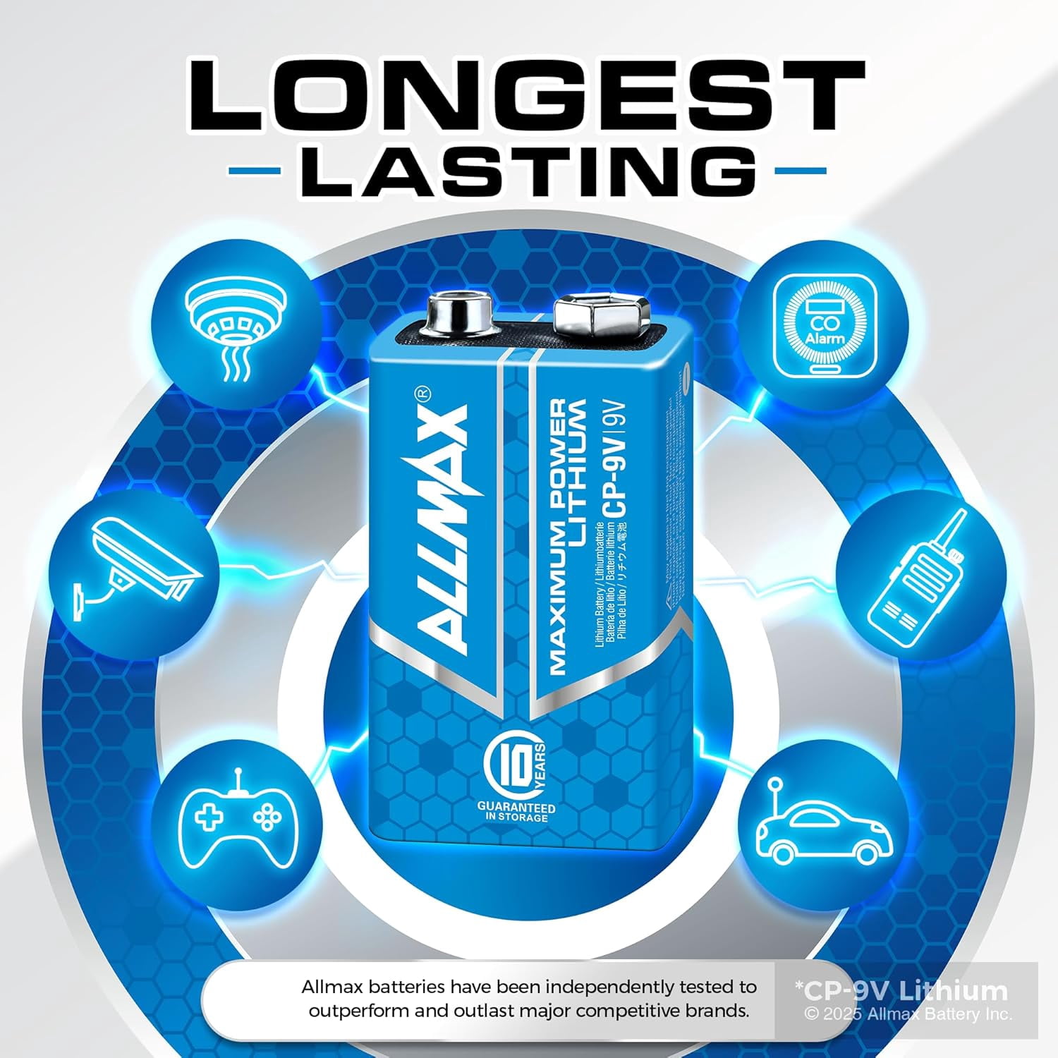 Allmax 9V Maximum Power Lithium Batteries (4 Count) – Longest Lang, Leakproof, 10-Year Shelf Life, Ultimate Performance – Perfect for Smoke Detectors (9 Volt)