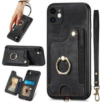 for iPhone 11 Phone Case Card Holder,Wallet Ring Stand,RFID-Blocking,Wrist Strap,Camera Protector,Leather Shockproof Protective  Flip Cover for iPhone 11 Cases (Black)