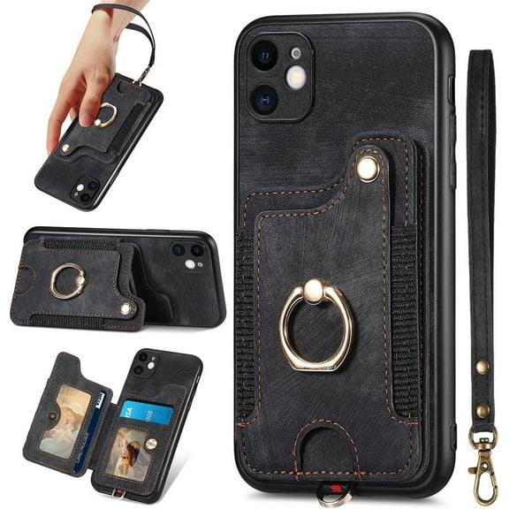 for iPhone 11 Phone Case Card Holder,Wallet Ring Stand,RFID-Blocking,Wrist Strap,Camera Protector,Leather Shockproof Protective  Flip Cover for iPhone 11 Cases (Black)