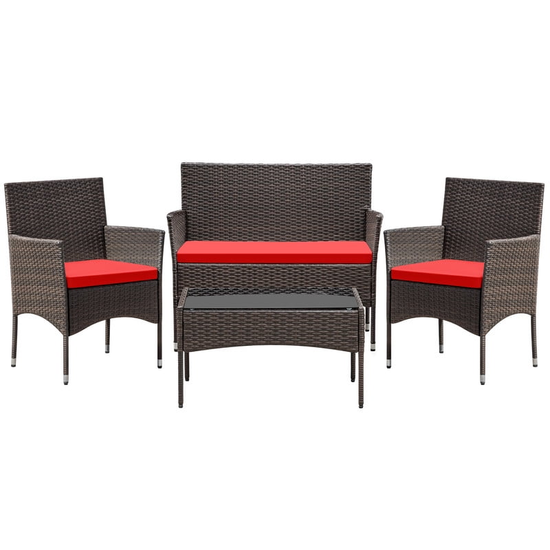 Vineego 4 4PCS Patio Furniture Set Outdoor Conversation Rattan Chairs with Cushion and Loveseat Glass Table for Garden Backyard Porch, Brown/ Red