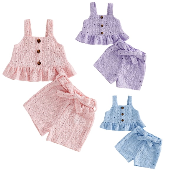 2Pcs Toddler Girls Summer Outfits Sleeveless Square Neck Floral Jacquard Eyelet Ruffle Vest Tops and Elastic Waist Shorts with Bow Belt Kids Clothes Set