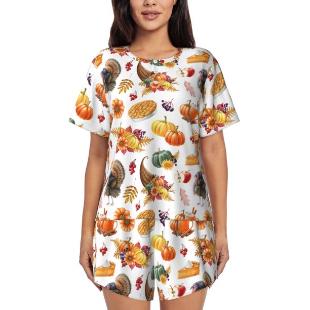 Fotbe Thanksgiving Turkeys 1 Conjunto de Pijama Estampado para Mujer, 2 Piezas, Ropa de Dormir con Camiseta de Manga Corta y Shorts Suaves-3X-Large
