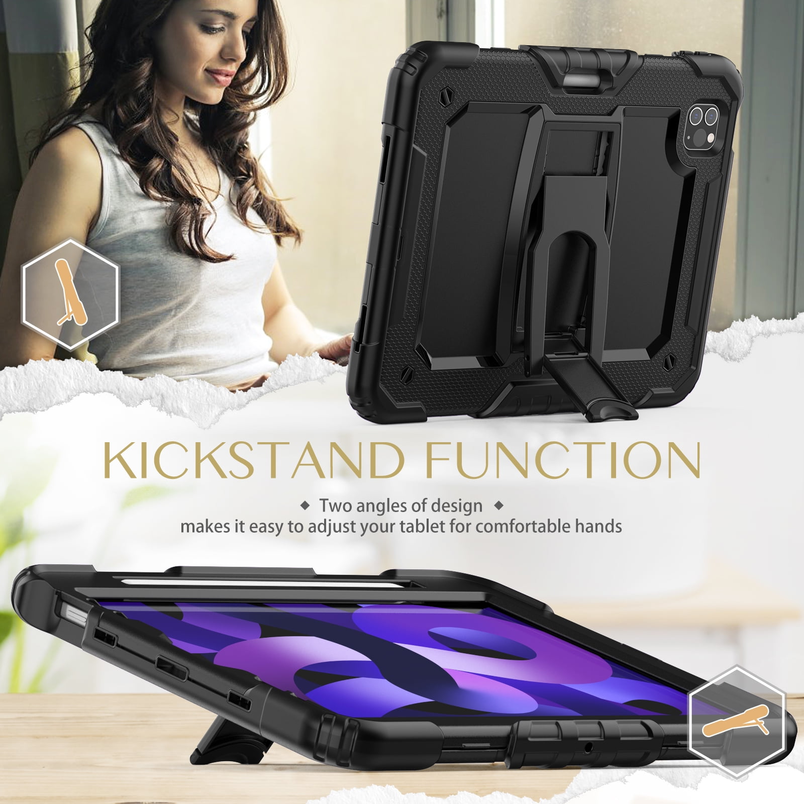 Allytech Shockproof Case for Apple iPad Pro 12.9 Inch 2022/2021/2020/2018(6th/5th/4th/3rd Gen) with Pencil Holder, Rugged Kickstand Shoulder Strap Kids Case with Screen Protector,Black