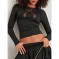 thumbnail image 3 of Musuos Women Spring Summer T-shirt Long Sleeve Crew Neck Bow See-through Slim Fit Tops Streetwear, 3 of 9