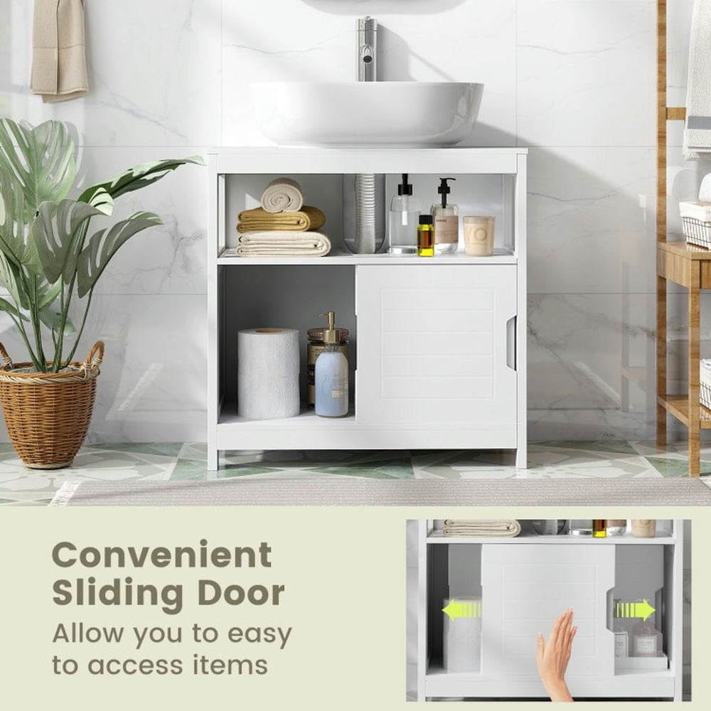 Finihen Storage Cabinet, Floor Cabinet, Pedestal Sink Storage Cabinet with 2 Sliding Doors and U-shaped Cut-out, for Bathroom, Living Room, Bedroom, Kitchen, White