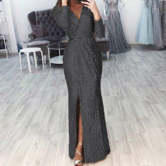Women's Vintage Long Sleeve Dress Sequin Party Ruched Bodycon Work Maxi Pencil Dress