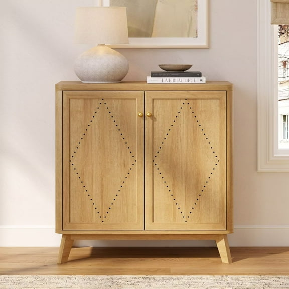 EYYTHUNG Buffet Cabinet with Storage Modern Credenza with 2 Doors and Adjustable Shelves Curved Design Accent Sideboard Media Console Cabinet, Natural Oak