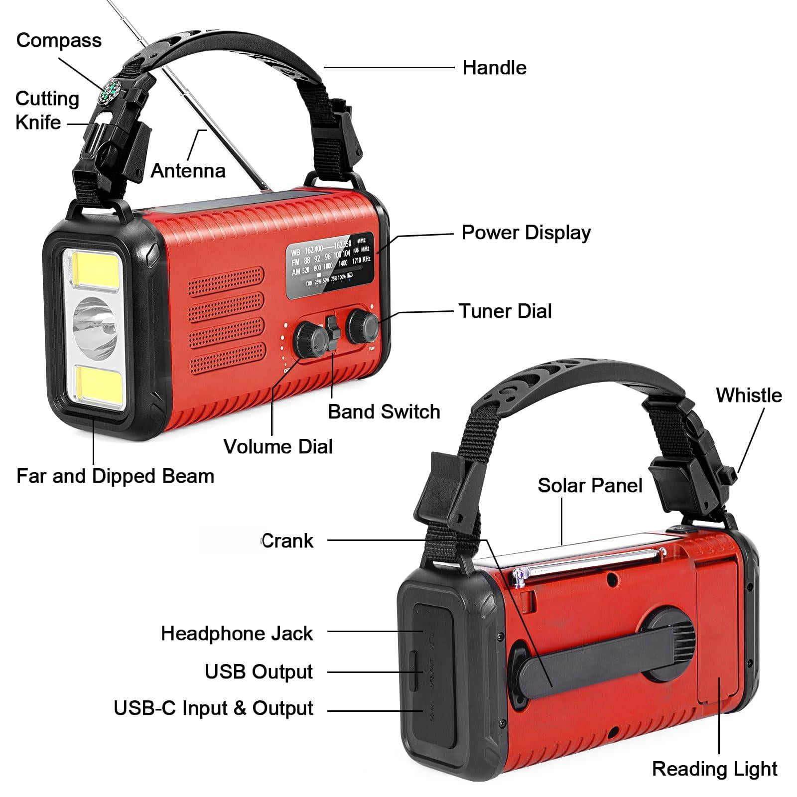 20000mah / 74000mwh Emergency Radio  Solar Hand Crank Am/fm/noaa Weather With Cell Phone Sos Alarm Flashlight & Reading Lamp (red)