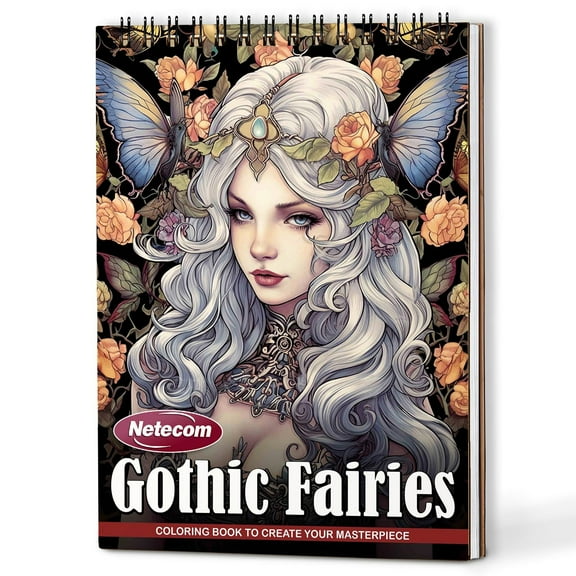 Netecom Gothic Fairies Coloring Book for Adults, Spiral Bound Edition, A5 Wooden Cover, 30 Intriguing Coloring Pages of Dark Fairy for Stress Relief and Relaxation