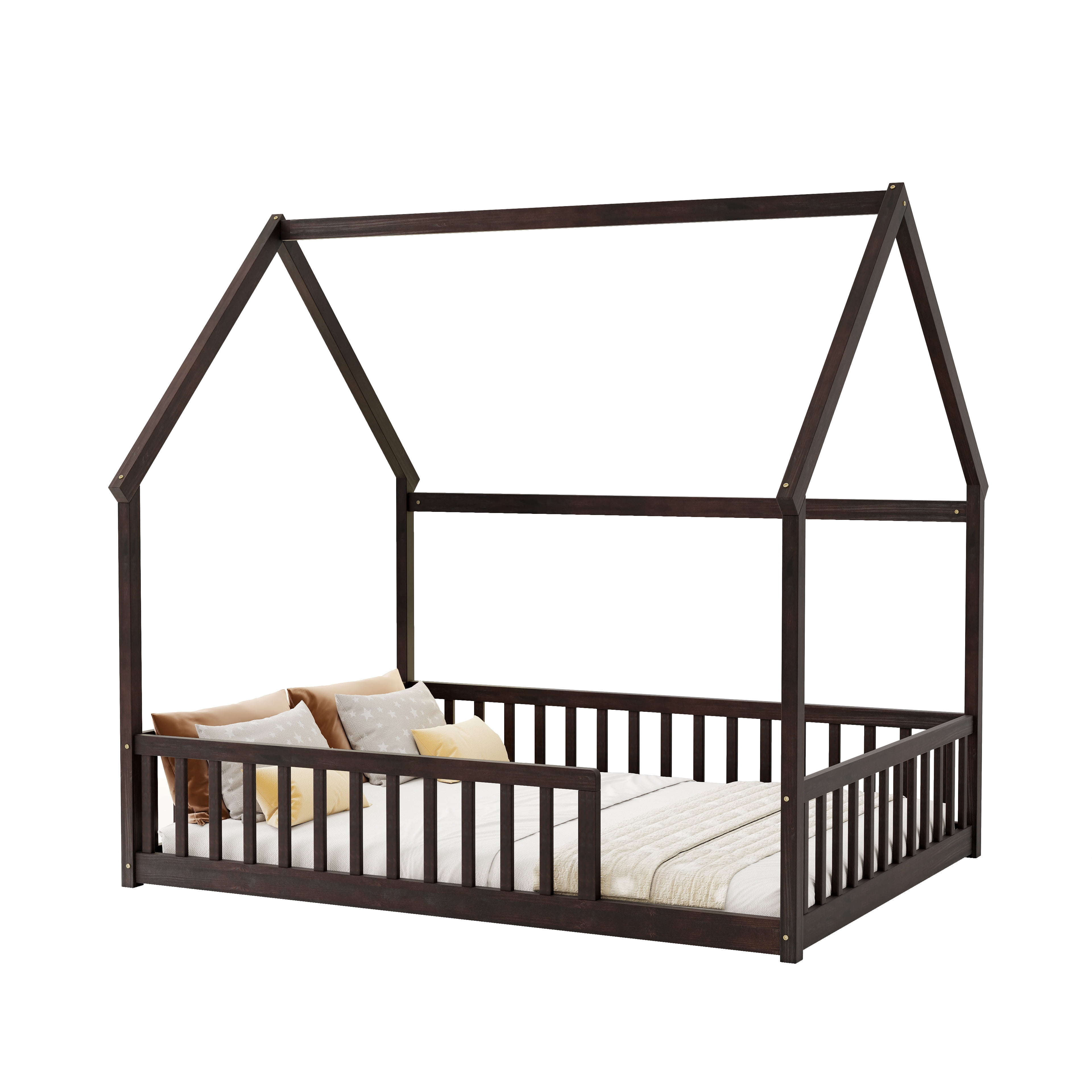 Full Size House Floor Bed with Roof Frame, Pine Wood Floor Bed with Safety Guardrails, Espresso