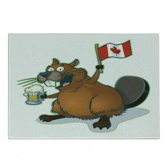 Canada Cutting Board, Pattern of a Cartoon Style Happy Beaver Holding a Beer Mug and a Flag, Decorative Tempered Glass Cutting and Serving Board, in 3 Sizes, by Ambesonne