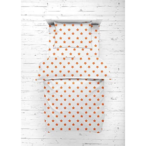 Bacati - Muslin Ikat Stars 4 Piece Neutral Toddler Bedding Set 100 Percent Cotton Includes Reversible Comforter, Fitted Sheet, Top Sheet, and Pillow Case (4 pc Toddler Bedding Set, Orange Stars)