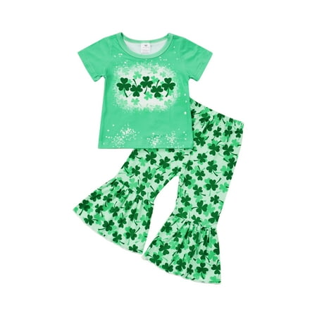 

CenturyX 2PCS Toddler Fashion Girls Clothing Set Four Leaf Clover Print Short Sleeve Round Neck T-Shirt Tops High Waist Flared Trousers Green 5-6 Years