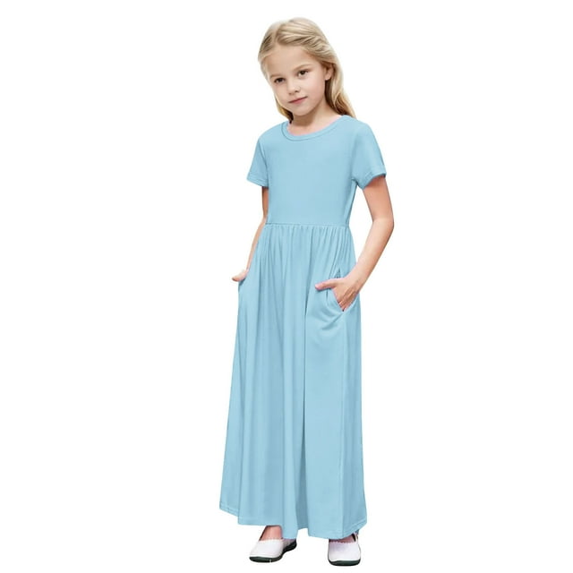 RXIRUCGD 2025 Vêtements d'Été pour Enfants Tout-Petits Filles Mignon Rayé Imprimé Manches Courtes Robe Extensible avec Poches Robe Longue en Ligne
