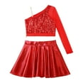 thumbnail image 4 of YONGHS Girls Hip Hop Jazz Dance Performance Outfits Kids Sequins Crop Top with Metallic Flared Skirt Red 8, 4 of 7