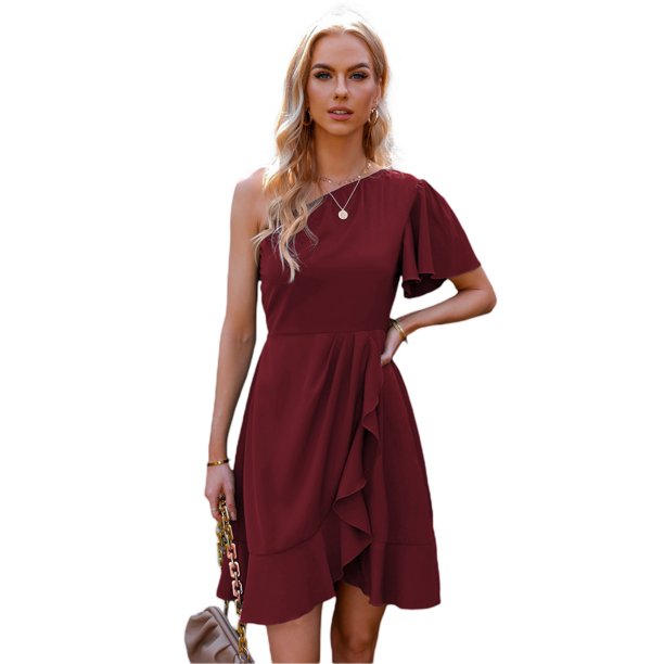 Txlixc, vestidos de noche de verano para mujer, color sólido, un hombro, volantes, minivestido de fiesta para mujer Txlixc Moda