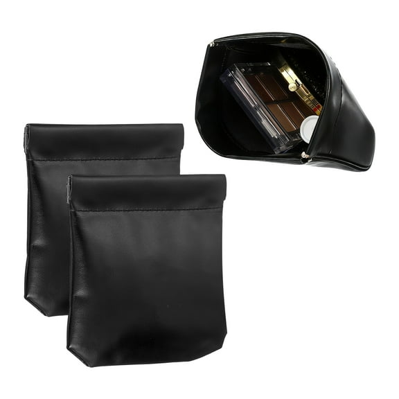 2Pcs Squeeze Coin Purse Pouch, Small Leather Change Purse Self Closing Portable Mini Makeup Bag for Women Men Car Change Travel, Black