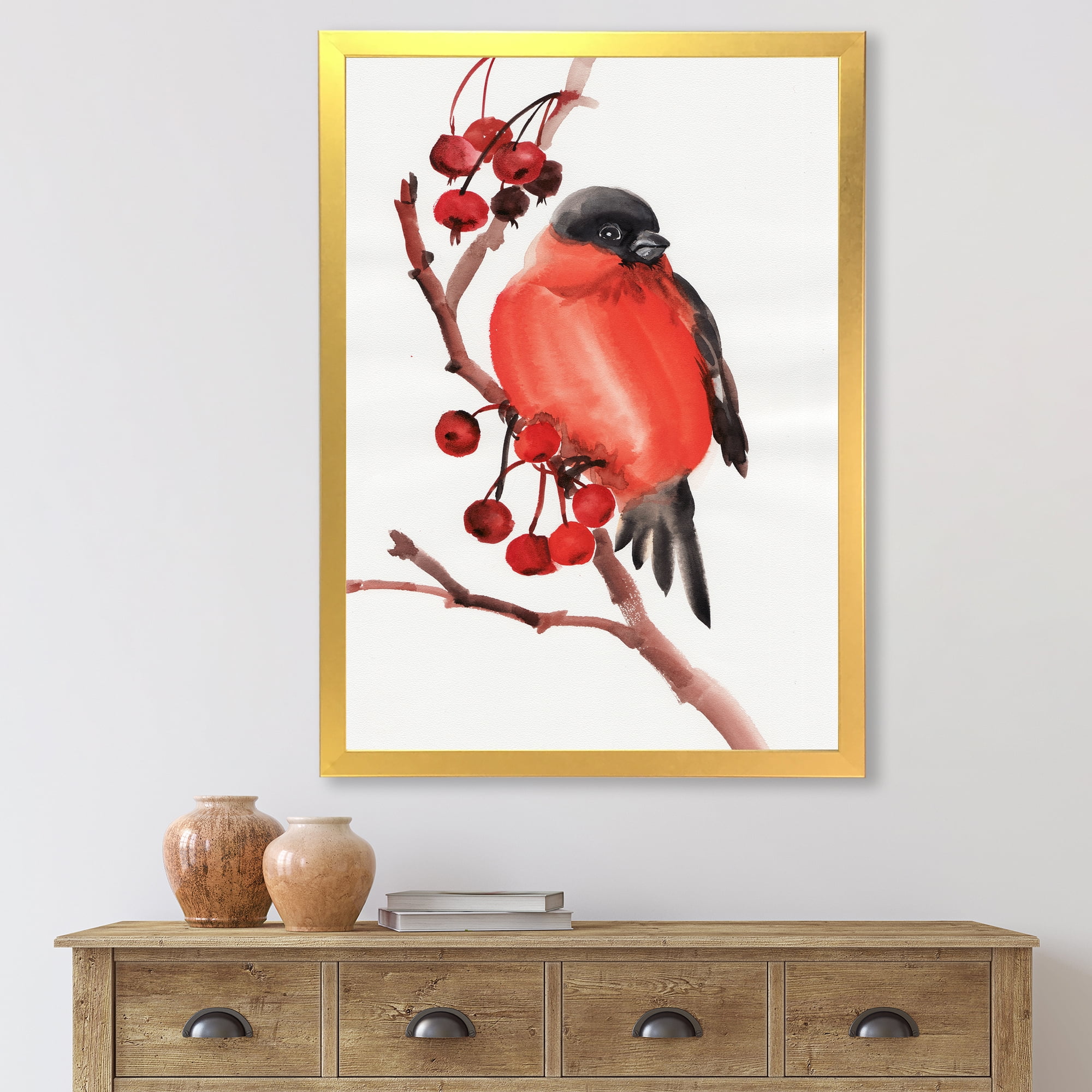 Designart 'Red Bullfinch Bird Sitting On A Branch With Berries' Traditional Framed Art Print