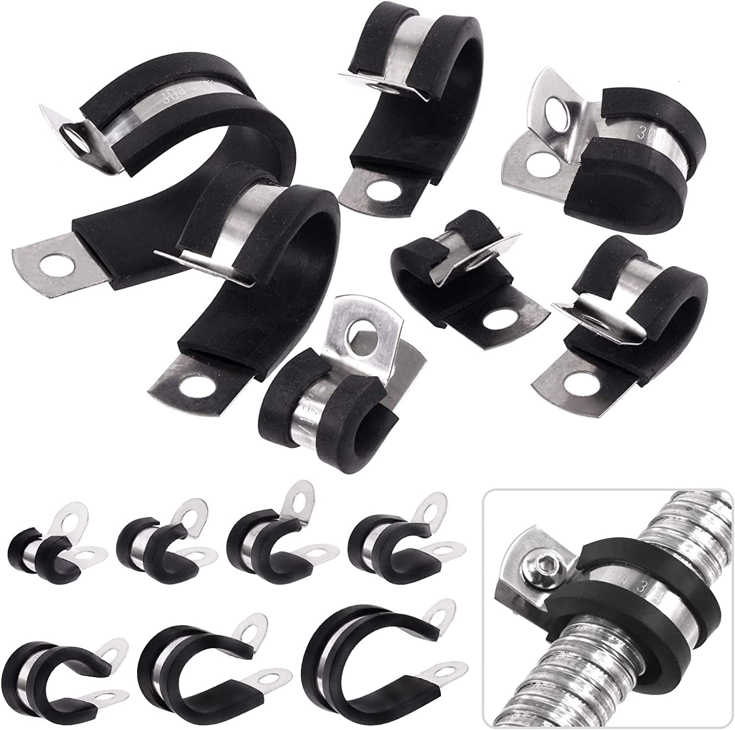 26Pcs 3/8 Inch Cable Clamps, 304 Stainless Steel Rubber Cushioned Hose