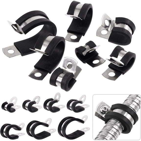 26Pcs 3/8 Inch Cable Clamps, 304 Stainless Steel Rubber Cushioned Hose Clamps Pipe Clamps Loop Clamps Wire Clamps with Storage Case