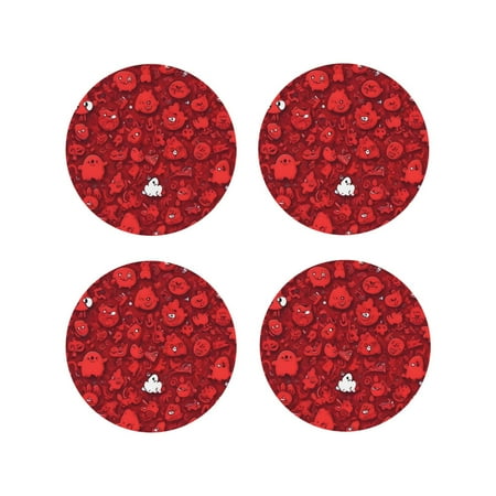 

Fuzoiu Playful Red Cartoon Faces Print Leather Coasters Set Drink Coasters Set of 4 for Tabletop Protection Durable PVC Coasters Home Décor and Housewarming Gift-Round Shape