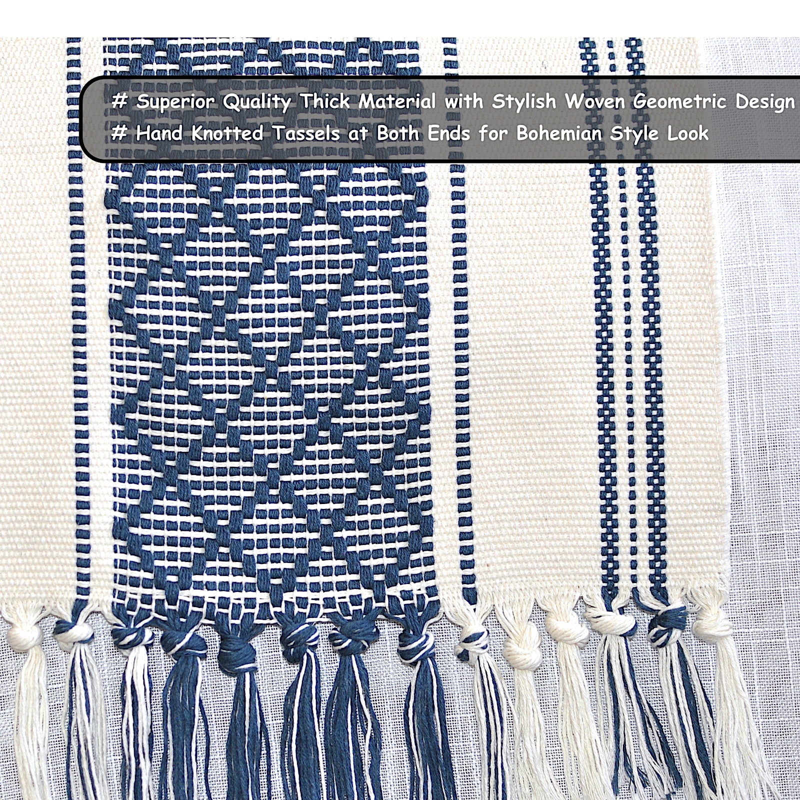 Boho Dining Table Runner with Tassel Fringe 14 x 72 Inches, Navy Blue & Cream | Farmhouse Style Woven Dresser Scarf / Designer Console Table Topper Cover