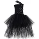 thumbnail image 4 of Vestido de tutú negro para niñas con cola, un hombro, lazo de diamantes de imitación, vestidos de fiesta de noche para niñas, vestido de baile de tul, disfraces de Halloween para niños, 4 of 5