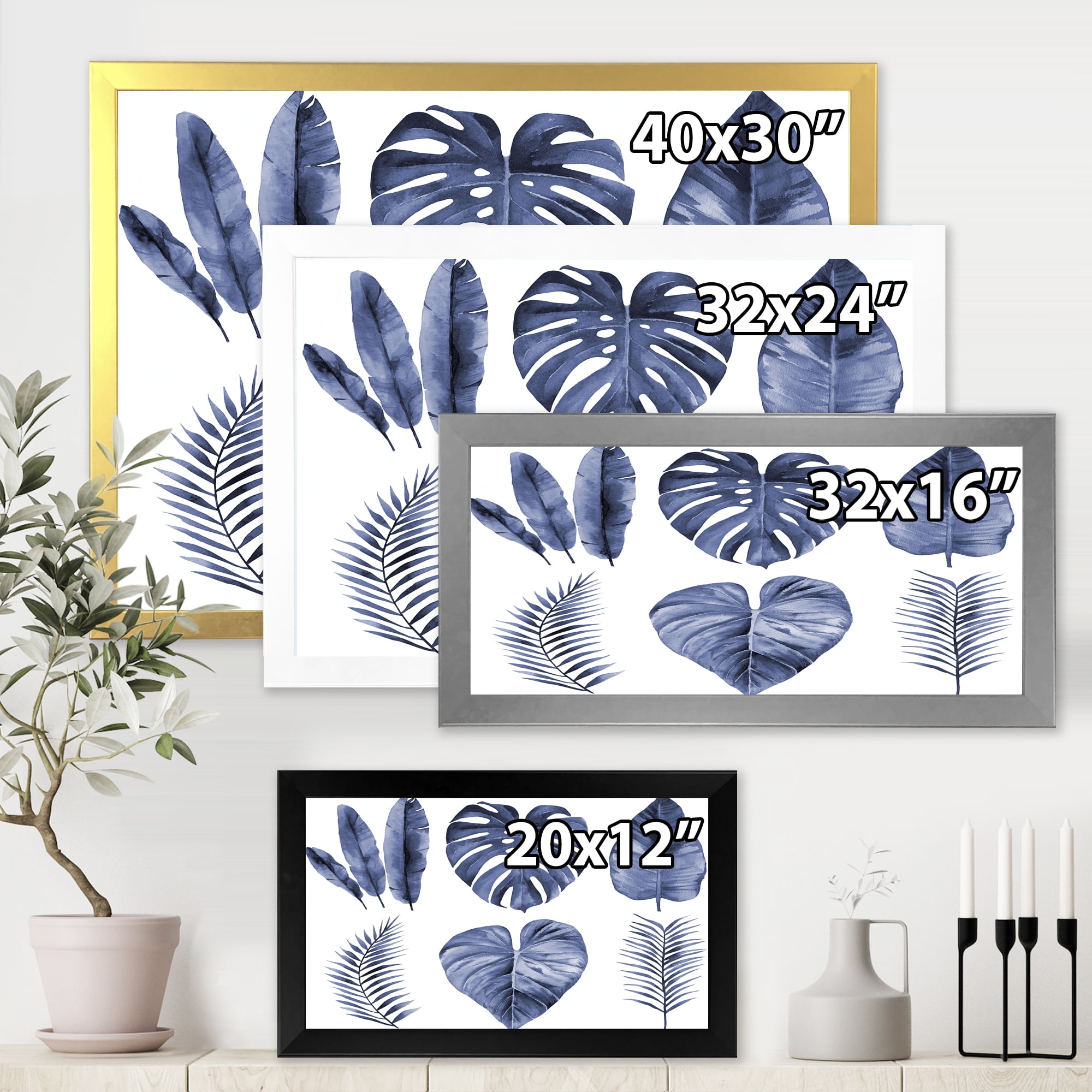 Designart 'Blue Watercolour Tropical Leaves I' Farmhouse Framed Art Print