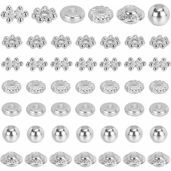 300pcs 6 Style Spacer Beads Tibetan Silver Metal Beads Flat Round Snowflake Rondelle Bicone Spacers Small Loose Beads for Bracelet Necklace Earring Jewelry Making Supplies diy Silver