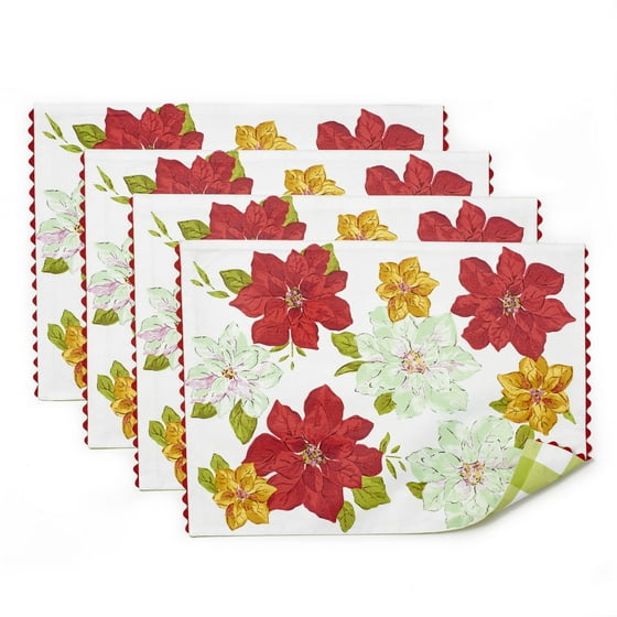 The Pioneer Woman Poinsettia Reversible Placemat with Ric Rac Trim, 4pk