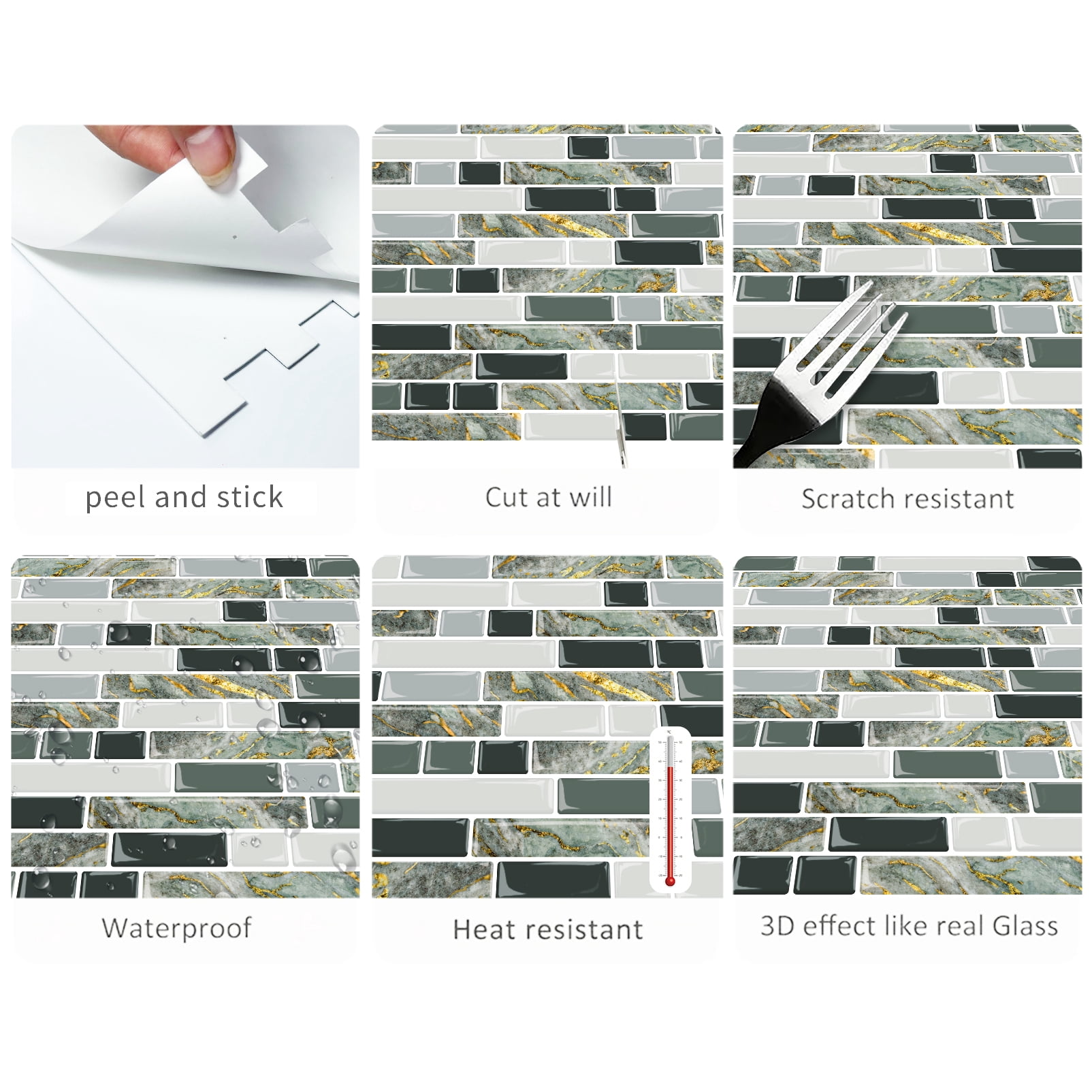 DEWOO Thick Kitchen Peel and Stick Tile Backsplash, Stick on Wall Tiles, 12"x12" Self Adhesive Sticky 3D Wall Marble Tiles Bathroom (10-Sheet，Gray Green)