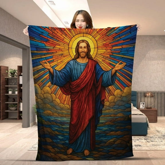 Vintage Jesus Stained Glass Blanket – Christian Religious Throw Blanket for Believers, Faith-Inspired Fleece Blanket for Home, Church, Prayer or Gift