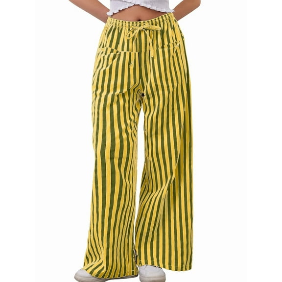 Women Drawstring Striped Pants Loose Wide Leg Trousers Casual Low Waist Pants Comfy Lounge Pants with Pockets Yellow XXL