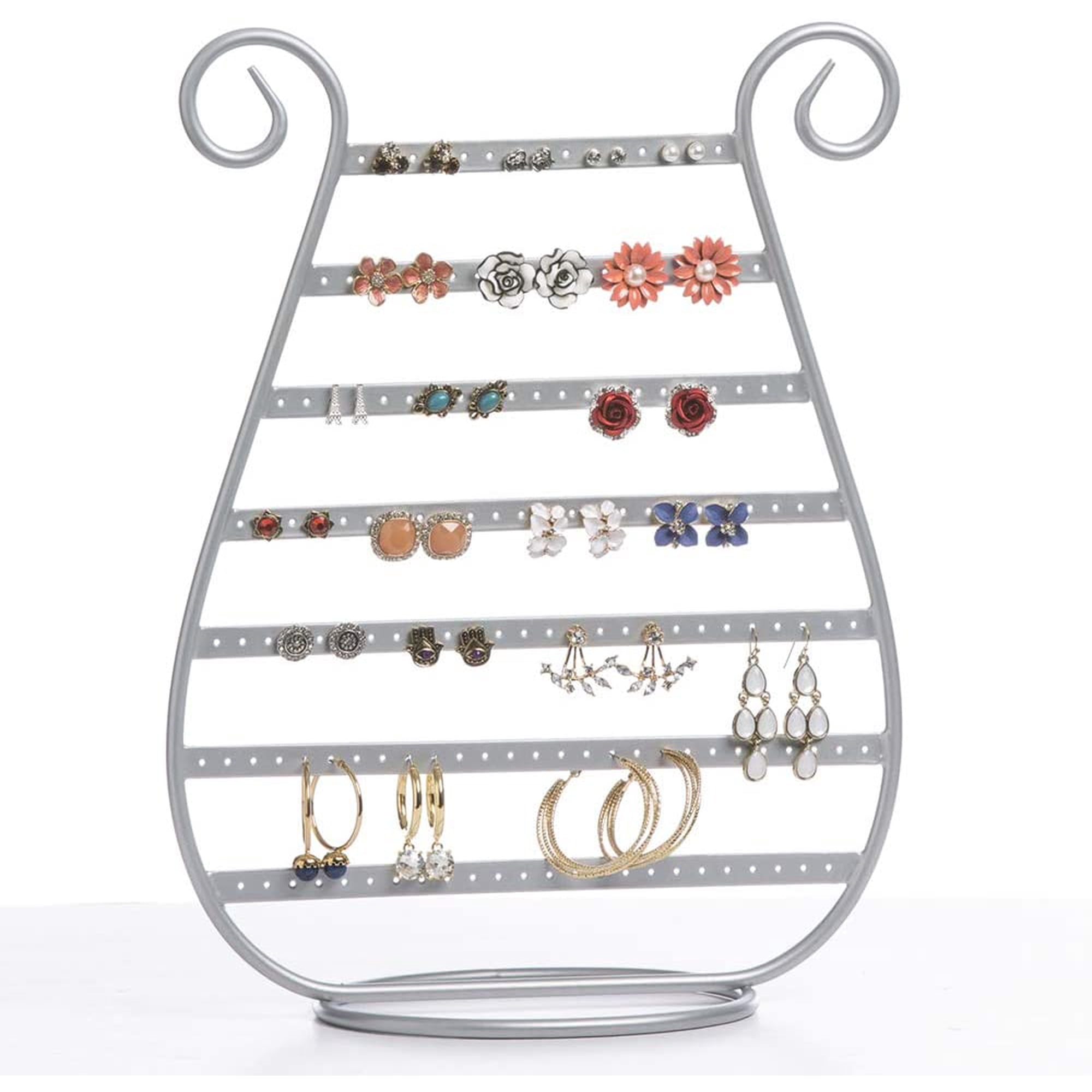 Mango Steam Metal Harp Stud Earring Jewelry Organizer, Display Stand, Storage, Gift (Silver)