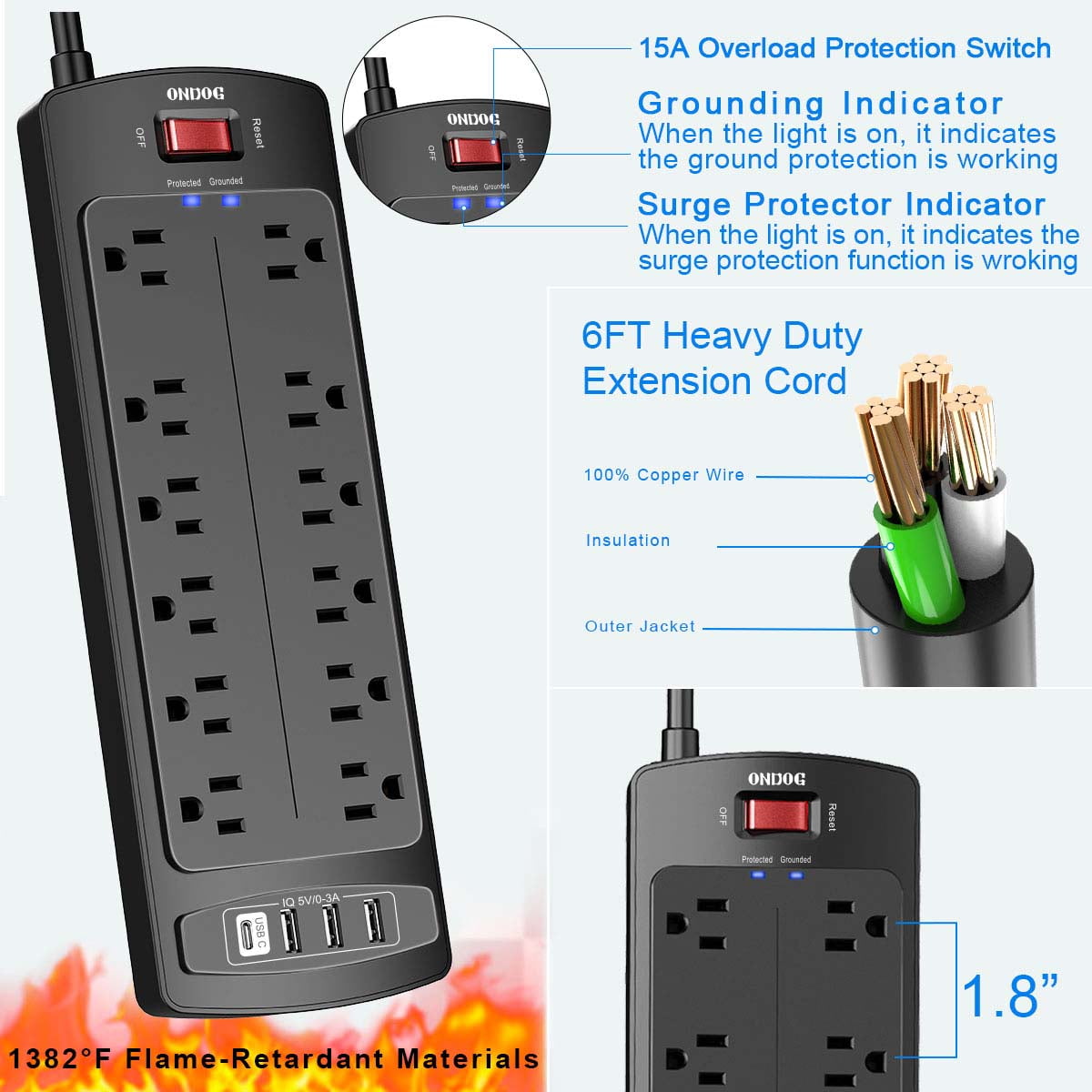 ONDOG Surge Protector with 12 Outlets and 4 USB Ports, 6 ft Extension Cord (1875W/15A), 2700J Power Strip, Black (PS923)