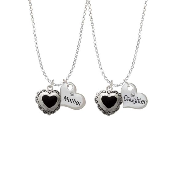 Delight Jewelry Silvertone Black Concho Heart Mother & Daughter Heart Necklaces (Set of 2), 19"+2"