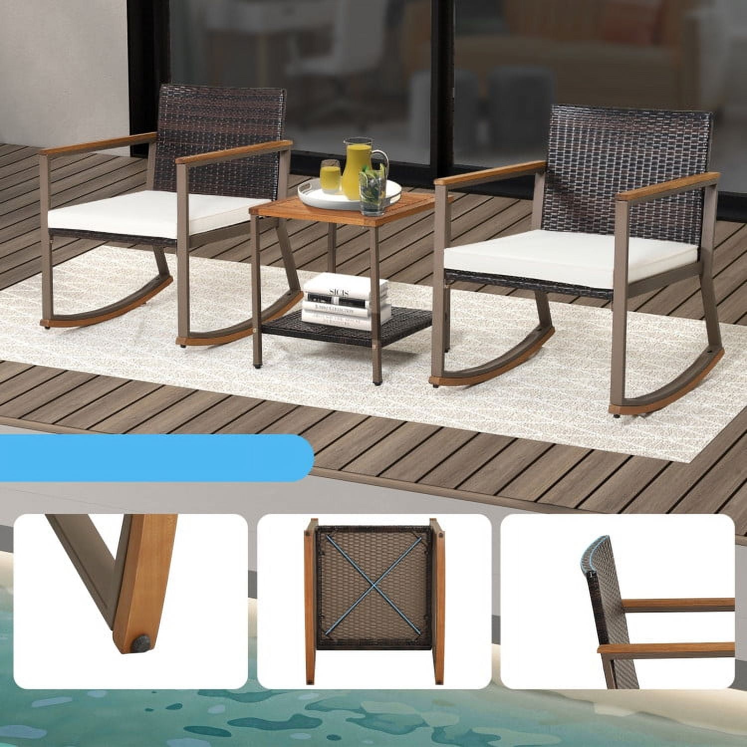 Aimee Lii 3 Pieces Rattan Rocking Bistro Set with Coffee Table and Cushions, Patio Table and Chairs Set, Outdoor Patio Set, Off White