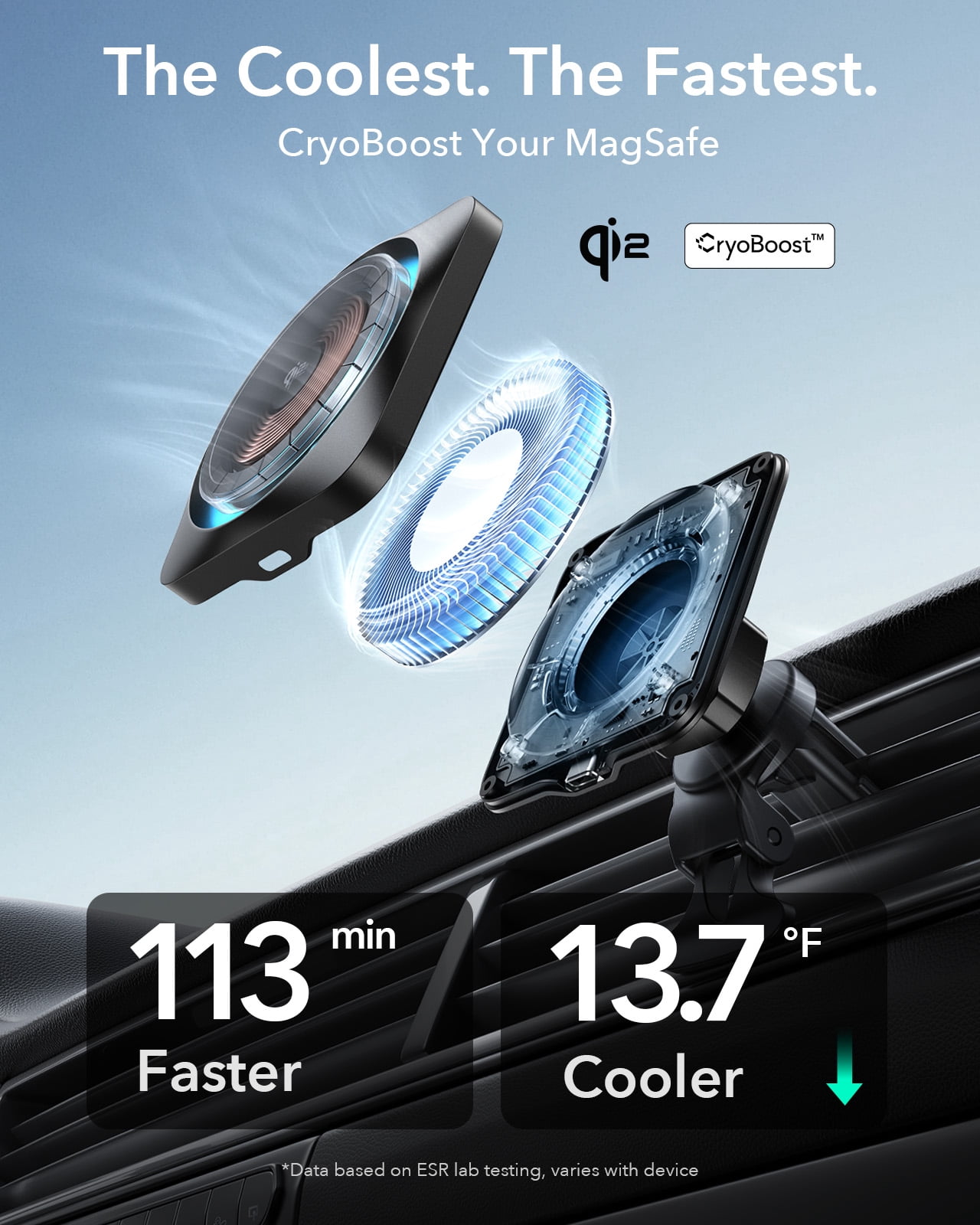 ESR CryoBoost MagSafe Car Charger | 15W Fast Wireless Charger with Phone Cooling | Air Vent & Dashboard Mount for iPhone 17/16/15/14/13/12, Galaxy S25 Series & Pixel 10