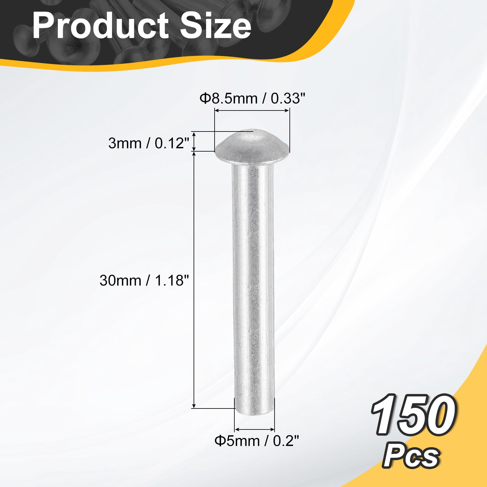 150Pack Brazier Head Rivets, M5 x 30mm Aluminum Solid Rivets, Silver Tone