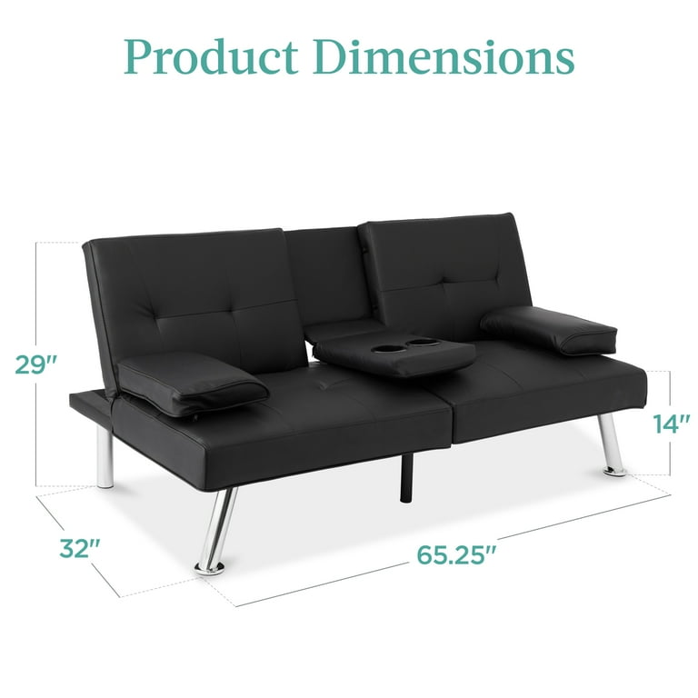 Best Choice Modern Faux Leather Convertible Futon Sofa w Metal Legs Removable Arms 2 Cupholders Black Walmart