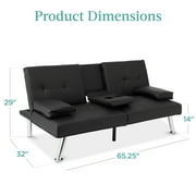 Best Choice Products Modern Faux Leather Convertible Futon Sofa w/ Removable Armrests, 2 Cupholders - Black