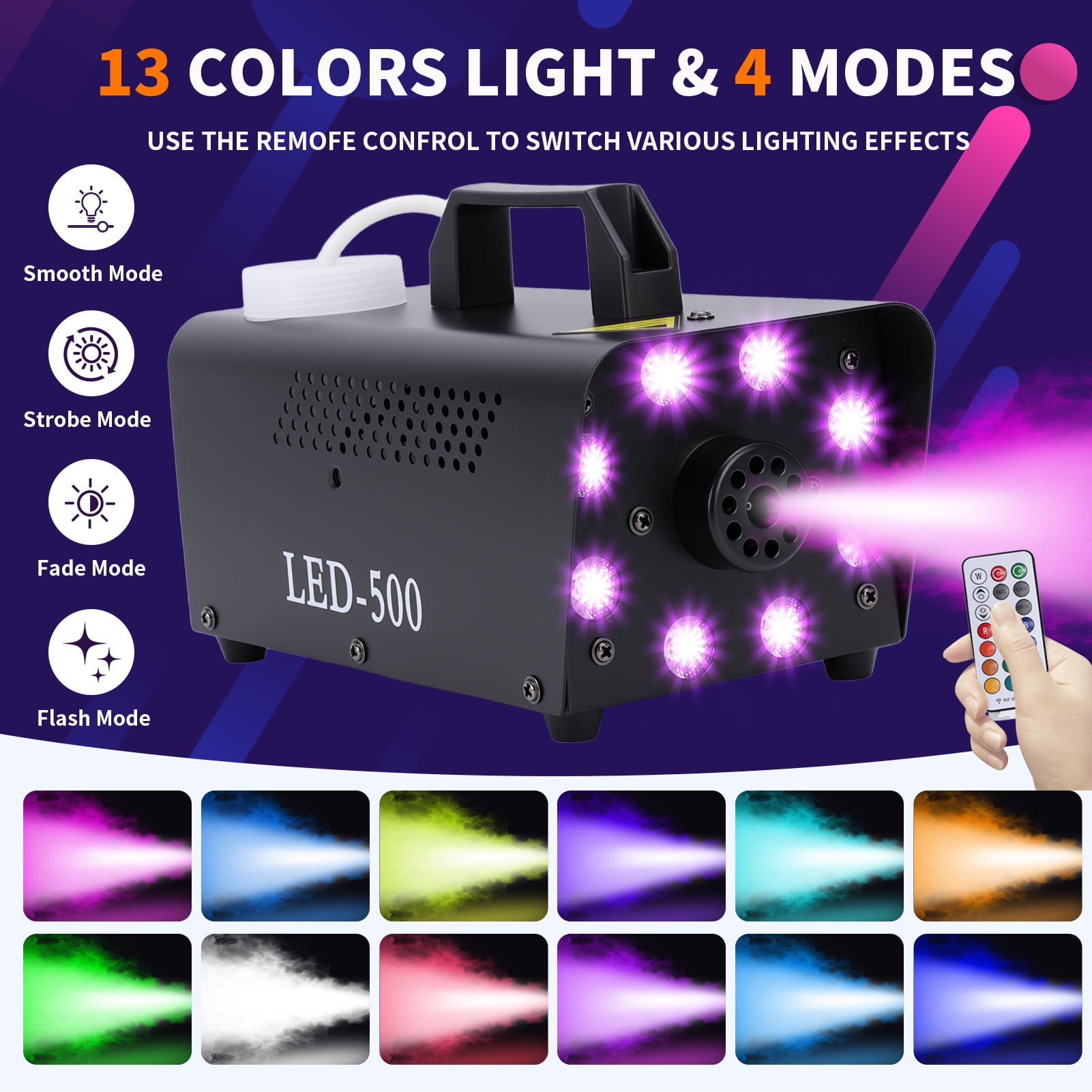 Fog Machine with 13 Colorful LED Lights Effect, 500W Smoke Machine with 1 Wired Receiver and Wireless Remote Controls, Auto Mode 2000CFM Fog, Perfect for Wedding, Halloween, Party and Stage Effect
