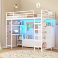 thumbnail image 3 of Twin Size Loft Bed with Desk and 6 Storage Drawers and LED Lights, Metal Loft Bed Frame with Charging Station & Open Shelf & Large Pegboard & Stairs & Full-Length Guardrail, White, 3 of 10